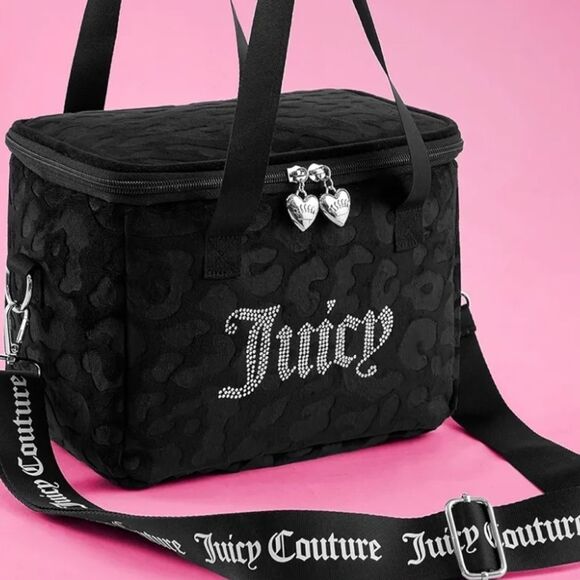 Juicy Couture Rhinestone Logo Embossed Leopord Velour Insulated Lunch Tote Bag - Picture 2 of 15